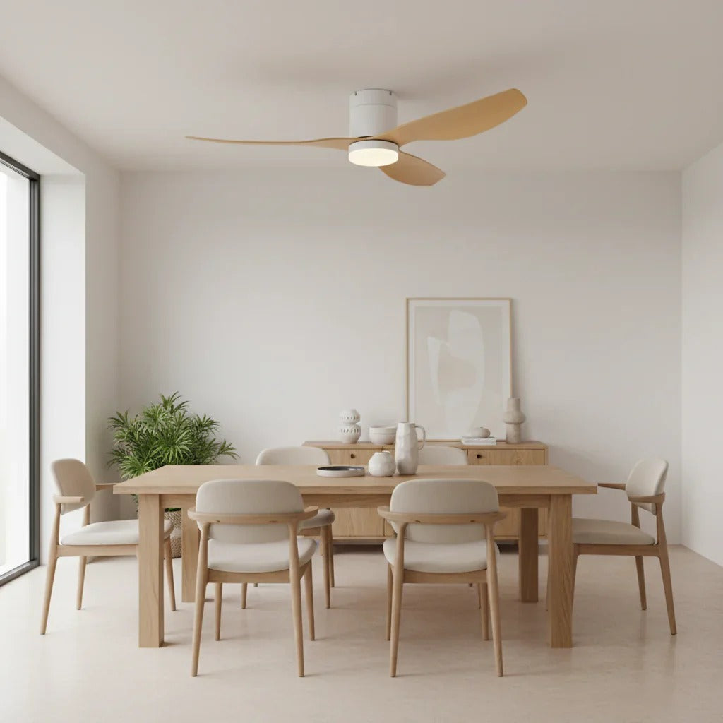 Agua - Ventilateur LED intégrée blanc et bois clair