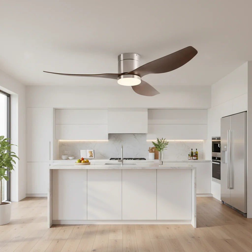 Mykonos | Ventilateur LED intégrée argent et bois foncé